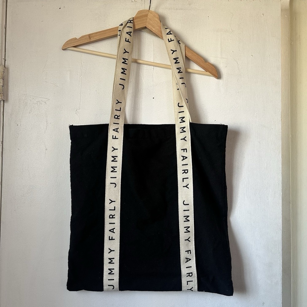 Jimmy Fairly Tote Bag Black Canvas White Logo Straps Reusable Shopping Handbag